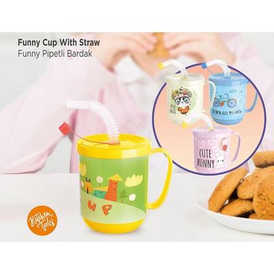 3 Adet pipetli Çocuk Içecek Bardağı Desenli Bardak 350ml