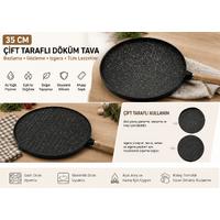 35 cm Döküm Gözleme Tavası Çift Taraflı Bazlama Izgara Tavası Ahşap Saplı Yapışmaz