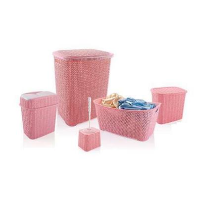 5 Parça Örgü Desenli Plastik Banyo Seti Çamaşır Sepeti Deterjanlık Klik Çöp Kovası Klozet Fırçası