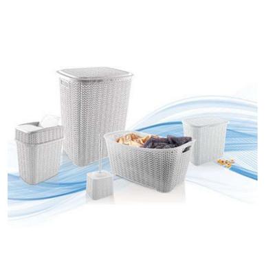 5 Parça Örgü Desenli Plastik Banyo Seti Çamaşır Sepeti Deterjanlık Çöp Kovası Klozet Fırçası - Gri