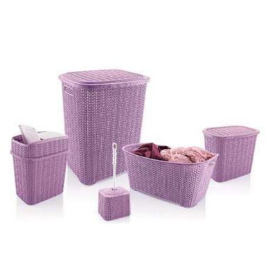 5 Parça Örgü Desenli Plastik Banyo Seti Çamaşır Sepeti Deterjanlık Çöp Kovası Klozet Fırçası - Mor