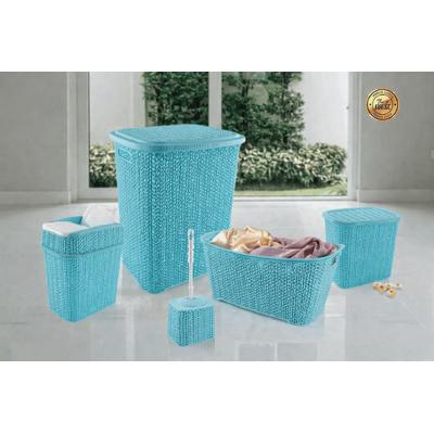 5 Parça Örgü Desenli Plastik Banyo Seti Çamaşır Sepeti Deterjanlık Çöp Kovası Klozet Fırçası - Mavi