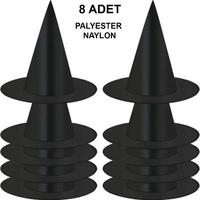 8 Adet Siyah Cadı Şapkası – Yetişkin & Çocuk Kostüm Aksesuarı