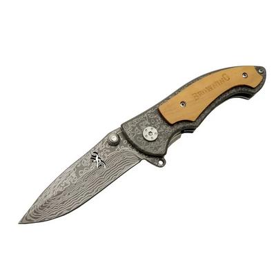 Browning 2-31 Damascus Kamp Çakı 19,5cm - Yarı Otomatik, Kemerlikli, Ahşap; Metal Sap