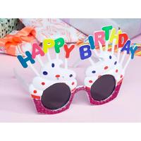 Happy Birthday Yazılı Beyaz Fuşya Renk Beyaz Pastalı Parti Gözlüğü 12x7 cm