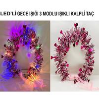 Kalp Püsküllü Gece Parıltısı 3 Modlu LED'li Işıklı Taç Fuşya Renk