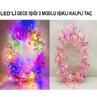 Kalp Püsküllü Gece Parıltısı 3 Modlu LED'li Işıklı Taç Pembe Renk