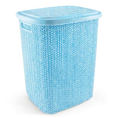 Kirli Çamaşır Sepeti Kapaklı 65 LT Örgü Desenli Plastik Çamaşır Sepeti Banyo Sepeti - Mavi