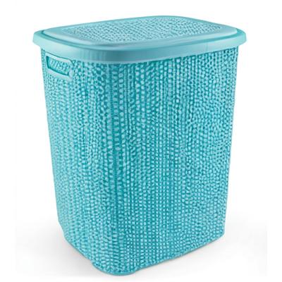 Kirli Çamaşır Sepeti Kapaklı 65 LT Örgü Desenli Plastik Çamaşır Sepeti Banyo Sepeti - Turkuaz