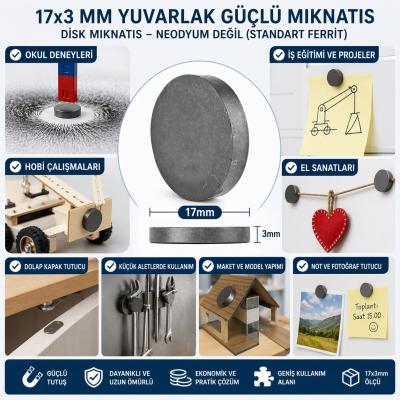 Mıknatıs 17x3 mm Yuvarlak Güçlü Mıknatıs Disk Mıknatıs