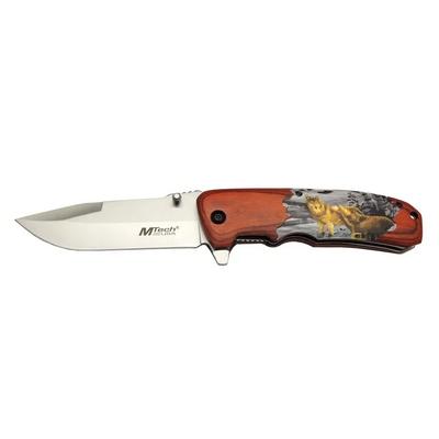 Mtech Y 12K Kahverengi Kamp Çakı 21,5cm - Yarı Otomatik, Kemerlikli, Kurt Baskılı Ahşap Sap
