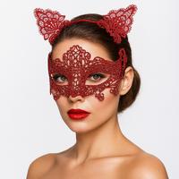Romantik Kırmızı Dantel Maske Seti – Kedi Kulaklı Taç ve Maske 3 No