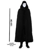 Siyah Kapüşonlu 120 cm Pelerin ve Beyaz Boyanabilir Tam Yüz Maske