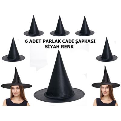 Siyah Renk Parlak Dralon Cadı Şapkası Yetişkin ve Çocuk Uyumlu 6 Adet